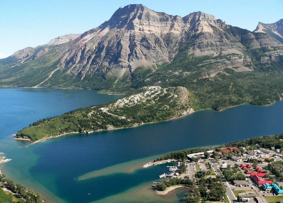 view of lake and townsite from Bear's Hump at Waterton