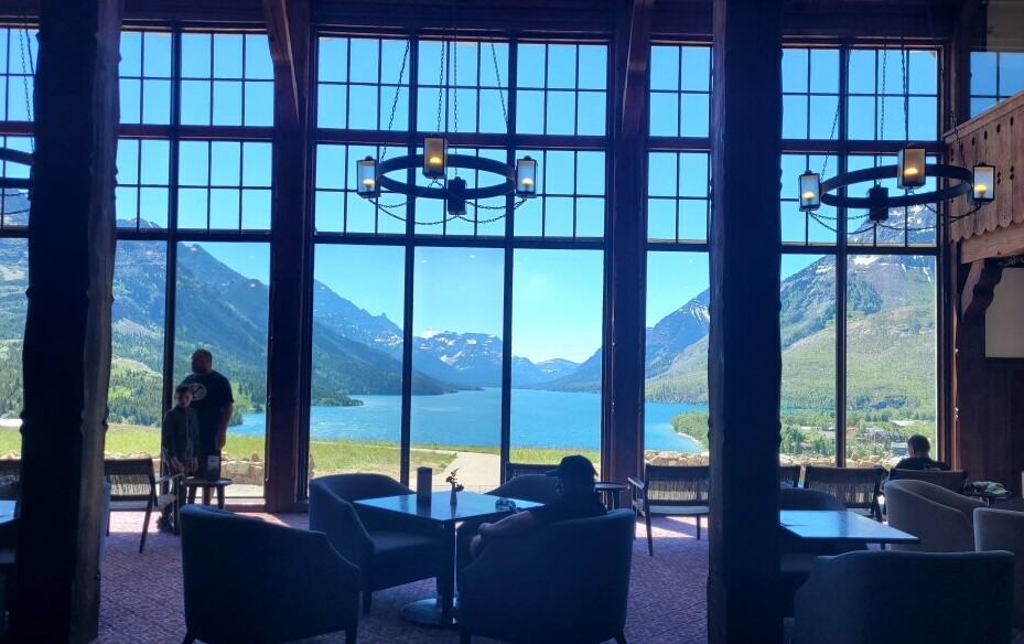 View of Waterton lake from inside the Prince of Wales hotel