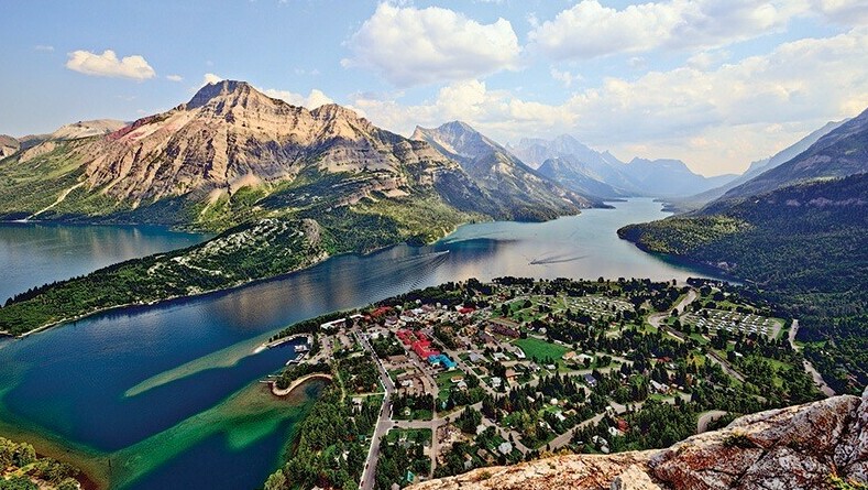 view of Waterton townsite and lake from view point